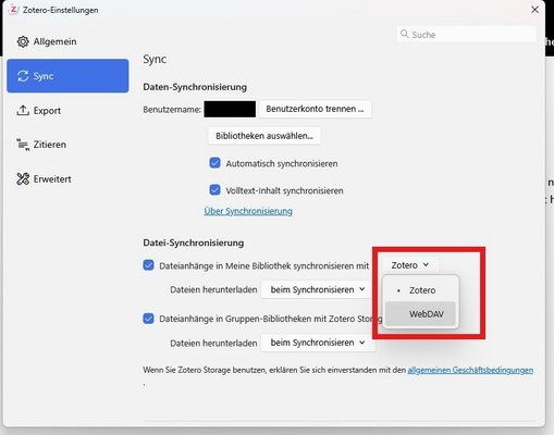 Zotero_Sync_Reiter_WebDAV_auswaehlen In Zotero Sync-Reiter auswählen und unter „Datei-Synchronisierung“ bei „Dateianhänge in Meine Bibliothek synchronisieren mit“ WebDAV auswählen