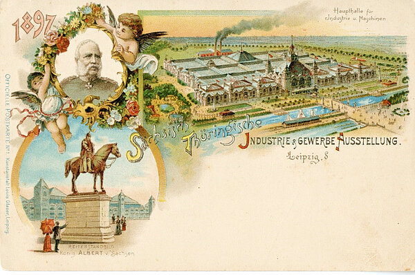 Postkarte STIGA Diese Postkarte zeigt den Blick auf die Haupthalle für Industrie und Maschinen und den Schirmherren König Albert von Sachsen