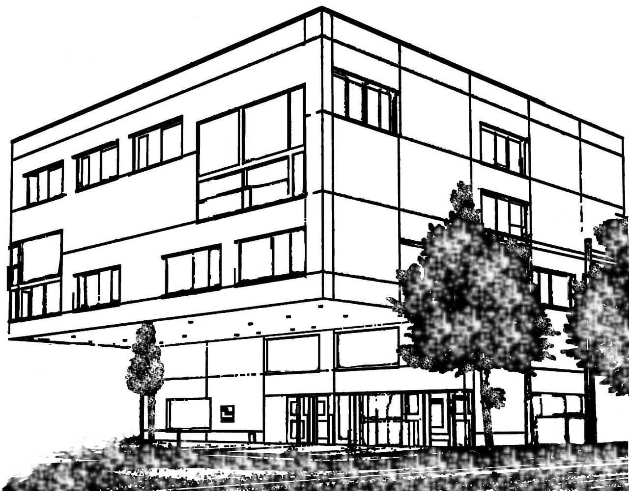 Grafik Bibliotheksgebäude. Der Neubau wurde im Oktober 2009 eröffnet.