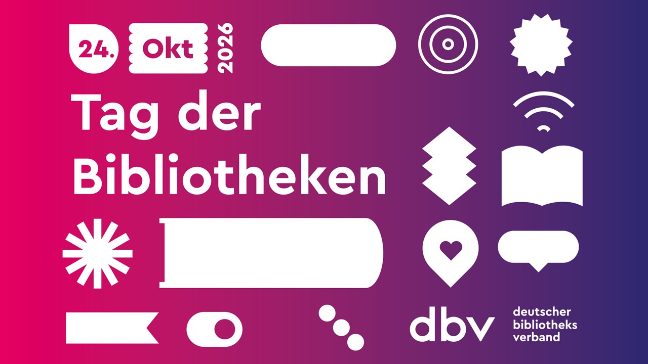 Grafische Elemente wiesen auf den Tag der Bibliotheken am 24. Oktober 2026 hin. Der Hintergrund hat Farbverlauf von pink bis lila, Schrift und Grafiken sind weiß.