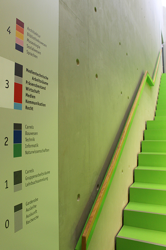 Ein Schild im Treppenhaus der Bibliothek, das durch farbige Markierung anzeigt, welche Fachgebiete man auf welcher Etage findet.